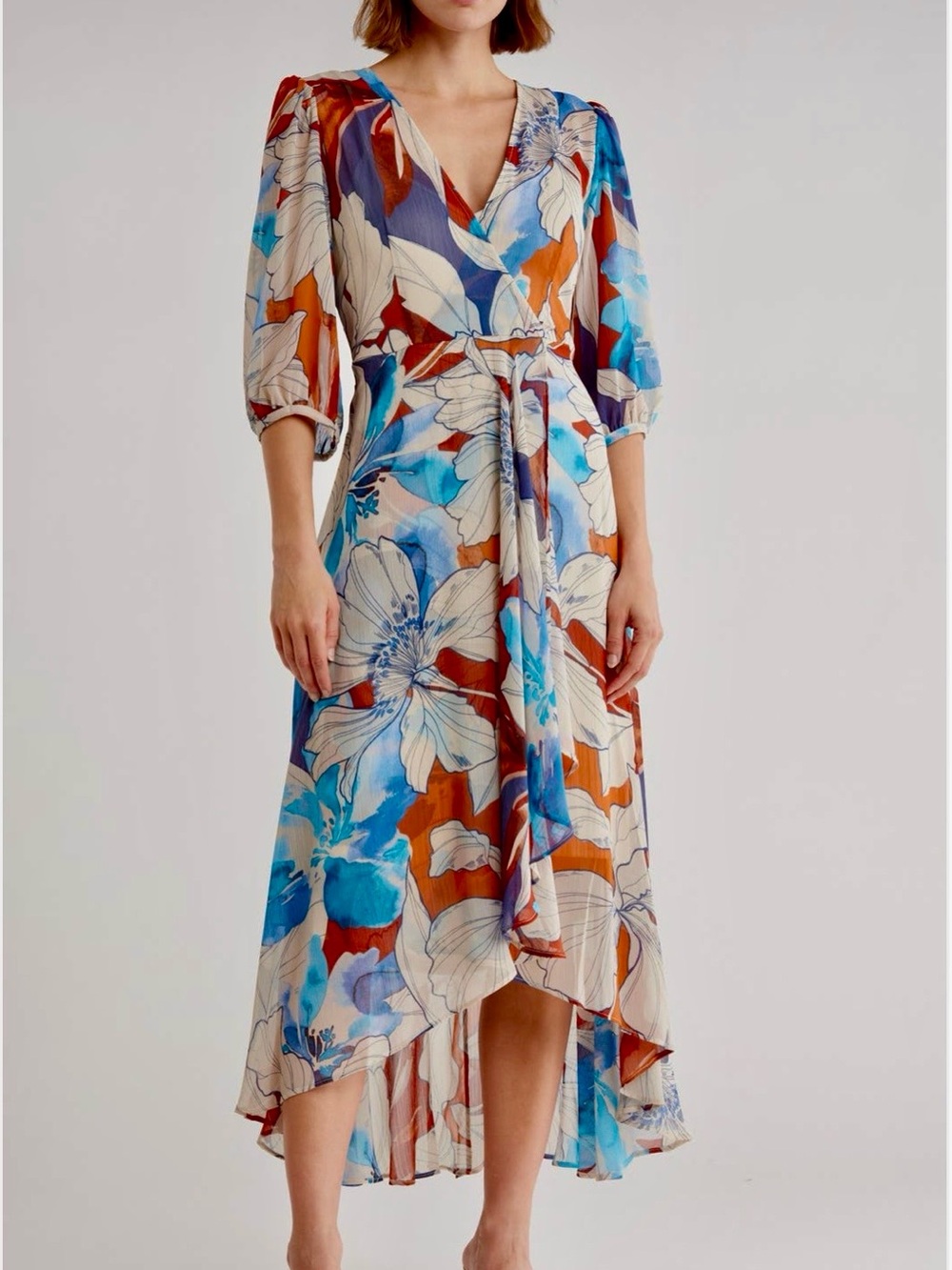 Calvin Klein Floral Wrap Midi Dress in Blue & Orange